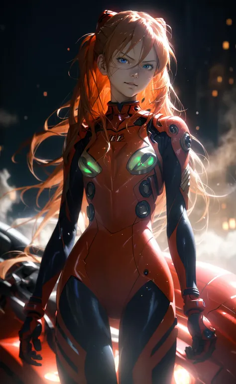 masterpiece, best quality, 1girl, souryuu asuka langley, plugsuit, blue eyes, smug, smirk, dark, moody, smoke, glow, glowing, depth of field, bokeh, volumetric lighting
