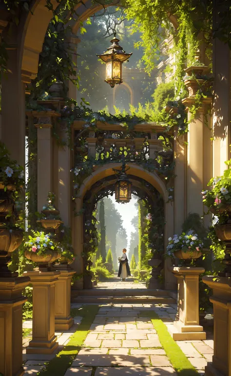 (masterpiece, best quality, highly detailed, intricate), a walkway in a garden with lots of green plants and trees on either side of it and a lantern hanging from the ceiling, Florence Engelbach, tone mapping, a flemish Baroque, german romanticism, cinematic composition, beautiful lighting