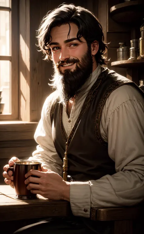 masterpiece, best quality, 1boy, innkeeper, short hair, beard, soft warm lighting, tankard, smile, looking at viewer, relaxed, cozy, tavern
