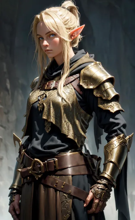 realistic fantasy illustration, oil painting, elf rogue adventurer, leather and bronze armor, hooded cloak, intricate, long blonde ponytail, hand on own hip, looking at viewer, simple background, HDR, rim lighting, volumetric lighting