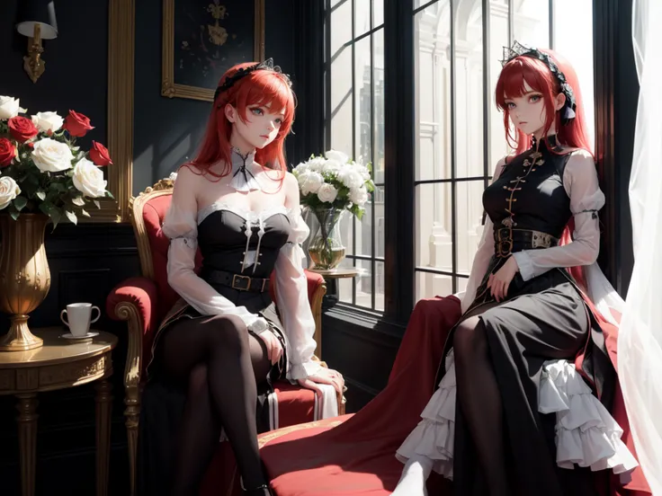 (extremely detailed CG unity 8k wallpaper), full shot body photo of the most beautiful artwork in the world, a girl with red hair, extremely detailed face,black dress, crossed legs, (close-up:1.2), from side, sitting down on a blue velvet chair with silver ornaments, pure white tiles in a hall, looking at outside through windows, mirrors with golden frame, (roses|white:red) in a big blue vase, french windows with white gauze curtain, cinematic lighting, god rays, amber sunlight, ray tracing