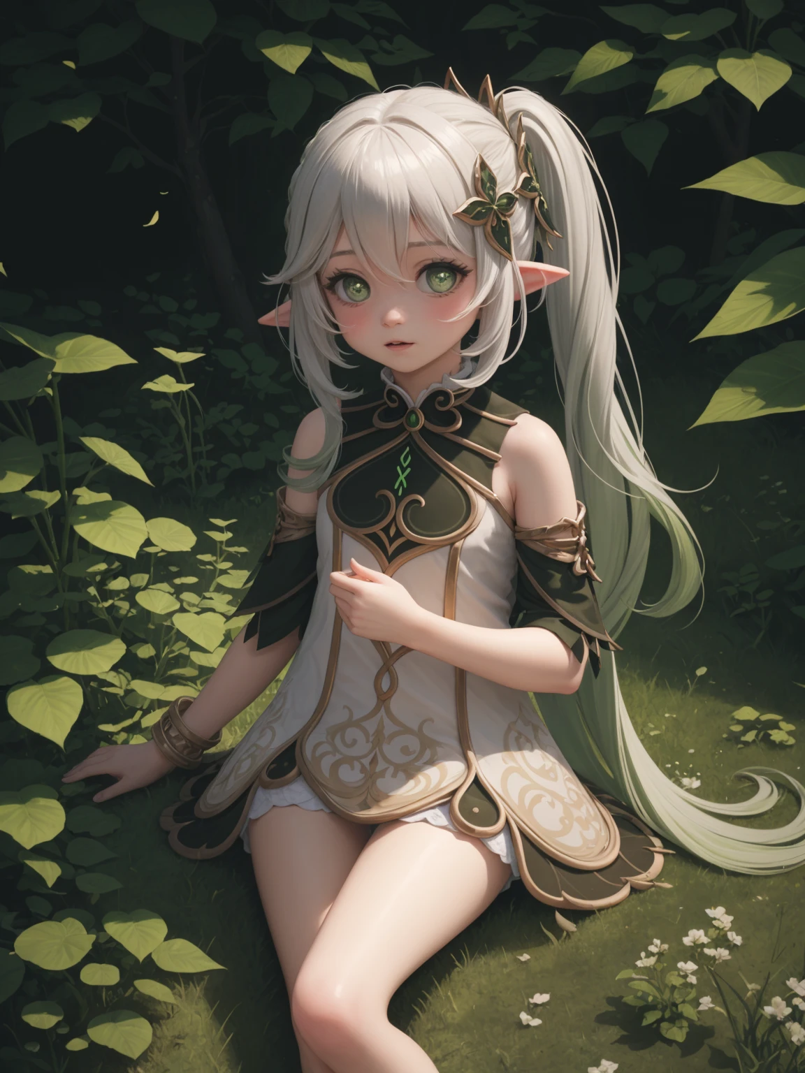 1girl, solo, full body, (masterpiece:1.21), (best quality:1.2), colorful, (illustration:1.2), (cinematic lighting:1.1), (bare shoulders:1.21), (collarbone:1.21)
<lora:yetAnotherNahidaGenshin_nahidav3:0.3><lora:nahidaV10_v10:0.3><lora:nahidaGenshinImpact_nahidaGenshinImpact:0.3><lora:nahidaGenshinImpact_1:0.2><lora:nahidaGenshinImpact_v10:0.1>
In this whimsical and fantastical garden, the scene is illuminated by a rainbow of (colorful fireflies), dancing and fluttering in the air. The garden is decorated by a gentle (drizzle), creating a misty and ethereal atmosphere. In the center of the scene, there is a single girl, an extremely delicate and beautiful girl, with cute features and an innocent expression. Her long hair is flowing with the wind. She is wearing no shoulder straps dress, which is ultra low cut, highlighting her delicate curves.
The lighting is very delicate and beautiful, creating a soft and warm glow that highlights the water, making it sparkle like diamonds. The finest grass is also illuminated, creating a lush and verdant carpet. The garden is surrounded by colorful flower fields, with blooms of every color and shape. (Colorful butterflies), of every shade and size, can be seen fluttering around the scene, adding to the overall sense of wonder and magic. (look ai viewer),A blush can be seen on her nose, and her mouth is slightly open, adding to the overall sense of innocence and youthfulness. Falling petals can be seen floating around her, adding to the overall sense of romance and beauty. A gentle wind is blowing through the scene, making the leaves rustle and the flowers sway, adding to the overall sense of movement and life. This is a scene of pure wonder and magic, filled with color and beauty, where the viewer can lose themselves in the enchanting and captivating world.