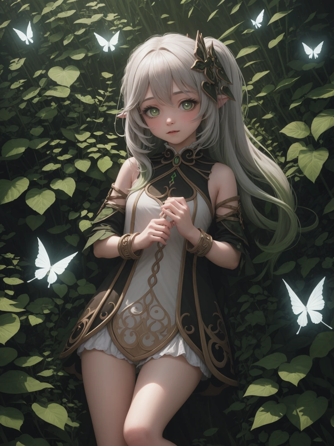 1girl, solo, full body, (masterpiece:1.21), (best quality:1.2), colorful, (illustration:1.2), (cinematic lighting:1.1), (bare shoulders:1.21), (collarbone:1.21)
<lora:yetAnotherNahidaGenshin_nahidav3:0.3><lora:nahidaV10_v10:0.3><lora:nahidaGenshinImpact_nahidaGenshinImpact:0.3><lora:nahidaGenshinImpact_1:0.2><lora:nahidaGenshinImpact_v10:0.1>
In this whimsical and fantastical garden, the scene is illuminated by a rainbow of (colorful fireflies), dancing and fluttering in the air. The garden is decorated by a gentle (drizzle), creating a misty and ethereal atmosphere. In the center of the scene, there is a single girl, an extremely delicate and beautiful girl, with cute features and an innocent expression. Her long hair is flowing with the wind. She is wearing no shoulder straps dress, which is ultra low cut, highlighting her delicate curves.
The lighting is very delicate and beautiful, creating a soft and warm glow that highlights the water, making it sparkle like diamonds. The finest grass is also illuminated, creating a lush and verdant carpet. The garden is surrounded by colorful flower fields, with blooms of every color and shape. (Colorful butterflies), of every shade and size, can be seen fluttering around the scene, adding to the overall sense of wonder and magic. (look ai viewer),A blush can be seen on her nose, and her mouth is slightly open, adding to the overall sense of innocence and youthfulness. Falling petals can be seen floating around her, adding to the overall sense of romance and beauty. A gentle wind is blowing through the scene, making the leaves rustle and the flowers sway, adding to the overall sense of movement and life. This is a scene of pure wonder and magic, filled with color and beauty, where the viewer can lose themselves in the enchanting and captivating world.