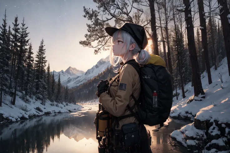 masterpiece, best quality, ultra-detailed, illustration, 1girl, solo, outdoors, camping, night, mountains, nature, stars, moon, bonfire, tent, twin ponytails, green eyes, cheerful, happy, backpack, sleeping bag, camping stove, water bottle, mountain boots, gloves, sweater, hat, flashlight, forest, rocks, river, wood, smoke, shadows, contrast, clear sky, constellations, Milky Way, peaceful, serene, quiet, tranquil, remote, secluded, adventurous, exploration, escape, independence, survival, resourcefulness, challenge, perseverance, stamina, endurance, observation, intuition, adaptability, creativity, imagination, artistry, inspiration, beauty, awe, wonder, gratitude, appreciation, relaxation, enjoyment, rejuvenation, mindfulness, awareness, connection, harmony, balance, texture, detail, realism, depth, perspective, composition, color, light, shadow, reflection, refraction, tone, contrast, foreground, middle ground, background, naturalistic, figurative, representational, impressionistic, expressionistic, abstract, innovative, experimental, unique