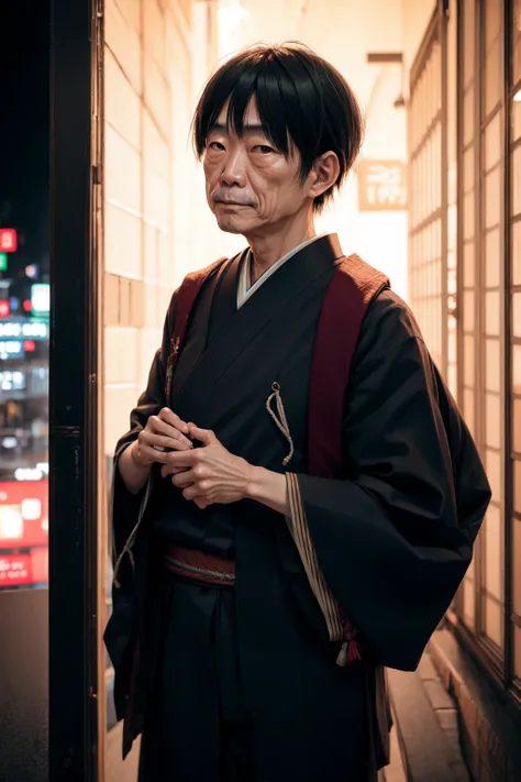 RAW photo, a portrait photo of 50 y.o japanese man in clothes, night tokyo, (high detailed skin:1.2), 8k uhd, dslr, soft lighting, high quality, film grain, Fujifilm XT3