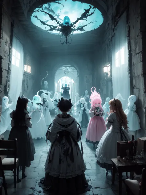 masterpiece, best quality, haunted theme park, haunted by cute chibi ghosts, cute, whimsical, glow, glowing, fun, silly, mystical, magical, arcane, funny, amusing