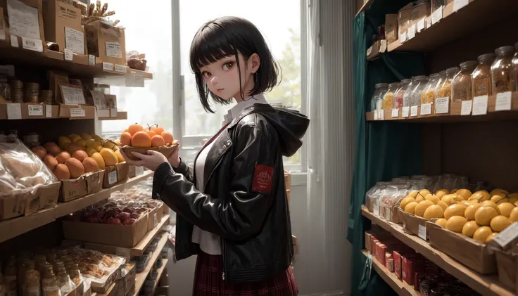 ((masterpiece,best quality)), 1girl, food, fruit, solo, skirt, shop, indoors, jacket, shopping, basket, jewelry, shirt, shelf, short hair, black hair, plaid skirt, black jacket, dutch angle