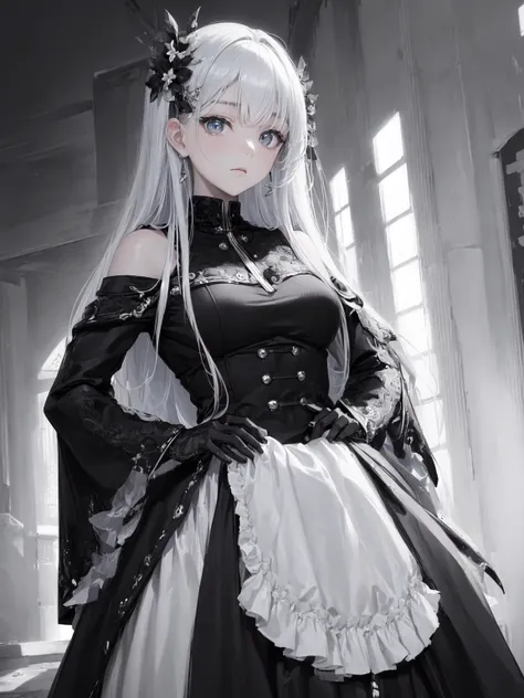 ((masterpiece, best quality, ultra-detailed, high-resolution)), solo, beautiful girl, gleaming eye, perfect eye, age 15, black white gold theme,