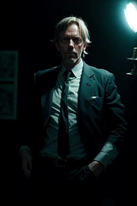 portrait of a award winning photo of hugh laurie posing in a dark studio, (rim lighting,:1.4) two tone lighting, sharp focus, teal hue, octane, unreal, dimly lit, low key