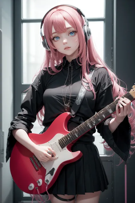 ((masterpiece,best quality))1girl, solo, black skirt, blue eyes, electric guitar, guitar, headphones, holding, holding plectrum, instrument, long hair, , music, one side up, pink hair, playing guiter, pleated skirt, black shirt, indoors