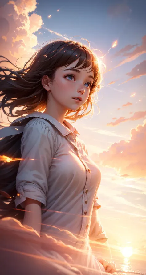 masterpiece, best quality, realistic, movie still, 1girl, cloud girl, floating in the sky, close-up, bright, happy, warm soft lighting, sunset, (sparks:0.7)