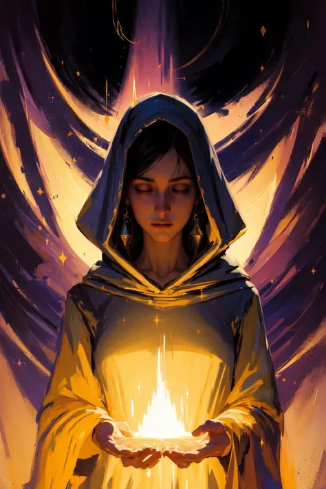discoelysium, masterpiece, best quality, John Singer Sargent, young sorceress studying, hood up, moody lighting, tranquil, calm, glow, glowing, mystical, magical, rim lighting, abstract <lyco:discoelysiums-000060:1>