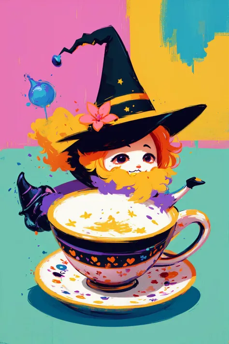 discoelysium, masterpiece, best quality, chibi, witch tea party, cute, happy, vibrant, colorful, abstract, <lyco:discoelysiums-000060:1>