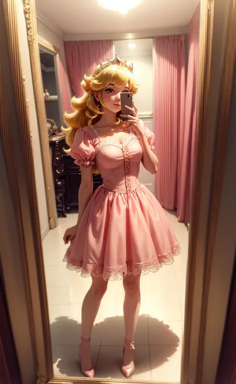 masterpiece, best quality, 1girl, princess peach mirror selfie, standing, casual
