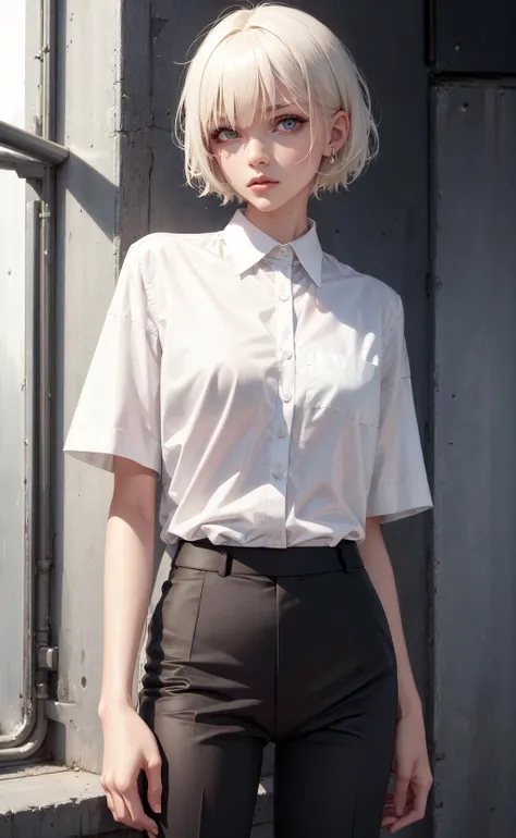 masterpiece, best quality, 1girl, short hair, platinum blonde hair, shirt, trousers