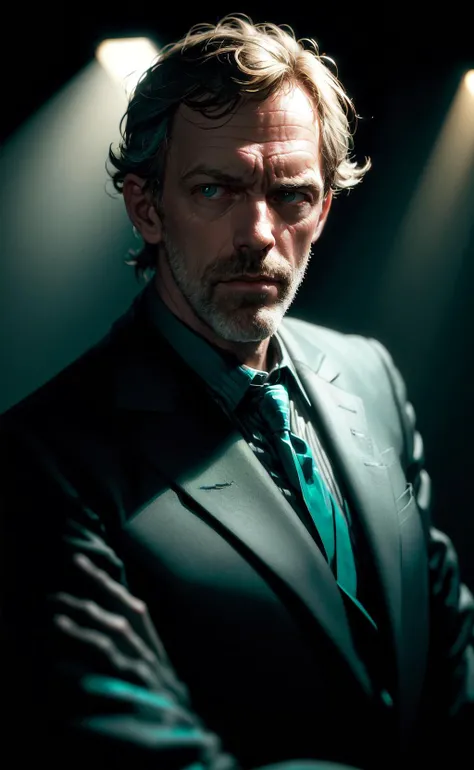 portrait of a award winning photo of hugh laurie posing in a dark studio, (rim lighting,:1.4) two tone lighting, sharp focus, teal hue, octane, unreal, dimly lit, low key