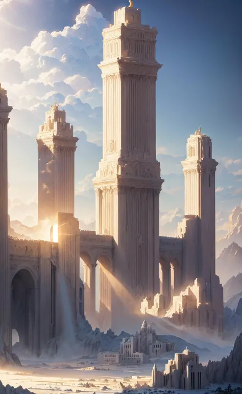 masterpiece, best quality, the forgotten city made of white marble, grand, epic, fantasy, mystical, sunbeam, soft lighting