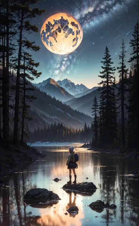 masterpiece, best quality, ultra-detailed, illustration, 1girl, solo, outdoors, camping, night, mountains, nature, stars, moon, bonfire, tent, twin ponytails, green eyes, cheerful, happy, backpack, sleeping bag, camping stove, water bottle, mountain boots, gloves, sweater, hat, flashlight, forest, rocks, river, wood, smoke, shadows, contrast, clear sky, constellations, Milky Way, peaceful, serene, quiet, tranquil, remote, secluded, adventurous, exploration, escape, independence, survival, resourcefulness, challenge, perseverance, stamina, endurance, observation, intuition, adaptability, creativity, imagination, artistry, inspiration, beauty, awe, wonder, gratitude, appreciation, relaxation, enjoyment, rejuvenation, mindfulness, awareness, connection, harmony, balance, texture, detail, realism, depth, perspective, composition, color, light, shadow, reflection, refraction, tone, contrast, foreground, middle ground, background, naturalistic, figurative, representational, impressionistic, expressionistic, abstract, innovative, experimental, unique