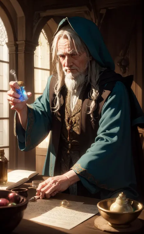 realistic, masterpiece, best quality, old wise wizard mixing potions, moody lighting, glow, glowing, mysterious, mystical, magical, rim lighting