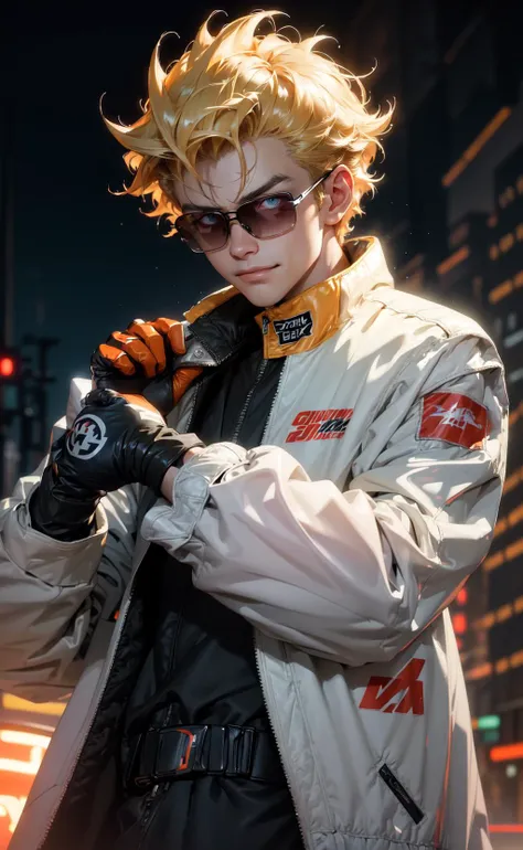 masterpiece, best quality, illustration, 1boy, underground street racing, oversized racing jacket, racing gloves, oversized clothes, car night, glow, glowing, close-up, smug, (smile:0.7), (from above:0.7) <lora:NijiExpressV2:0.5>