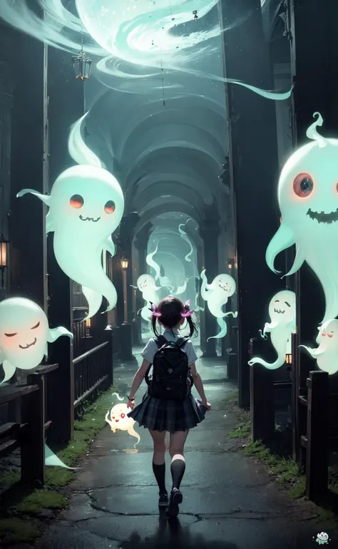 masterpiece, best quality, schoolgirl exploring a haunted theme park, haunted by cute chibi ghosts, cute, whimsical, glow, glowing, fun, silly, mystical, magical, arcane, funny, amusing