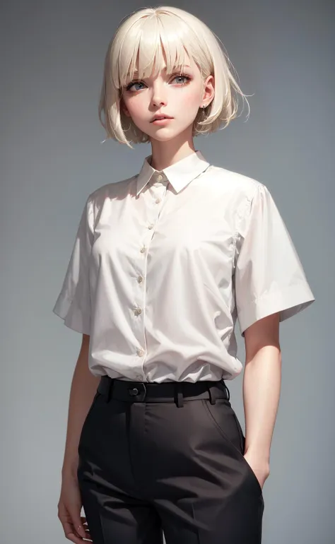 masterpiece, best quality, 1girl, short hair, platinum blonde hair, shirt, trousers