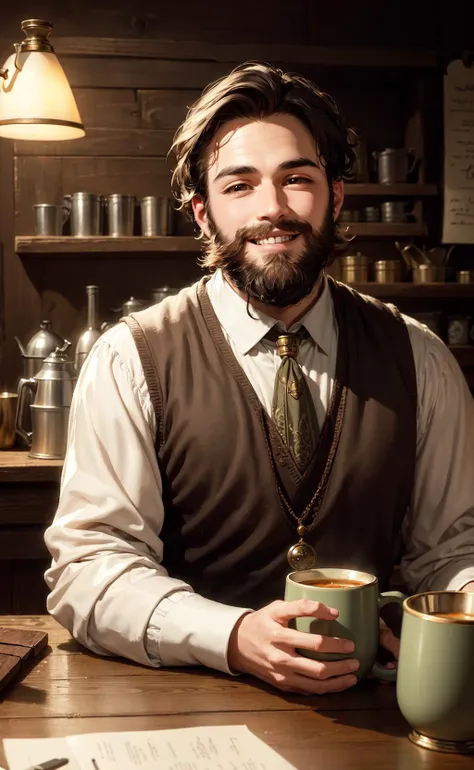 masterpiece, best quality, 1boy, innkeeper, short hair, beard, soft warm lighting, tankard, smile, looking at viewer, relaxed, cozy, tavern