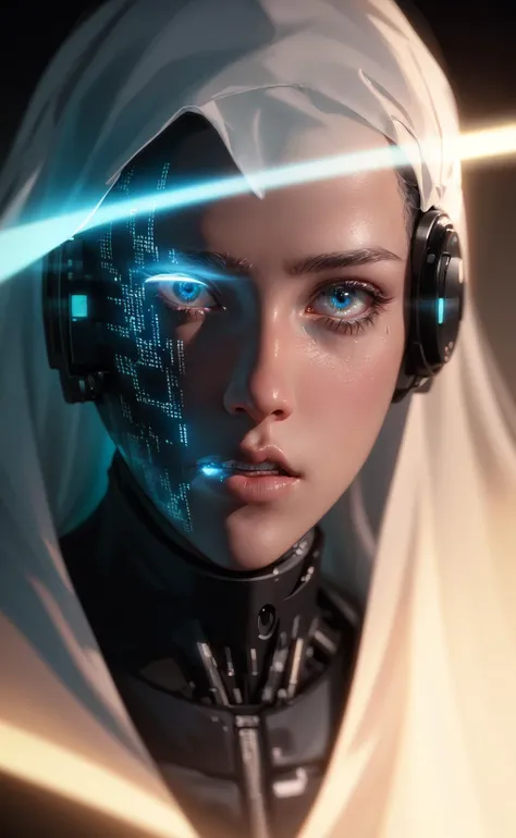 (editorial close-up portrait of cyber ghost), hack, code, cyborg, sci-fi, sharp focus, dof, bokeh, extremely detailed, intricate, realistic, (film grain), cinematic, POV, shot on nikon d850, film stock photograph, 4 kodak portra 400, f1.6 lens, rich colors, hyper realistic, lifelike texture, dramatic lighting, cinestill 800