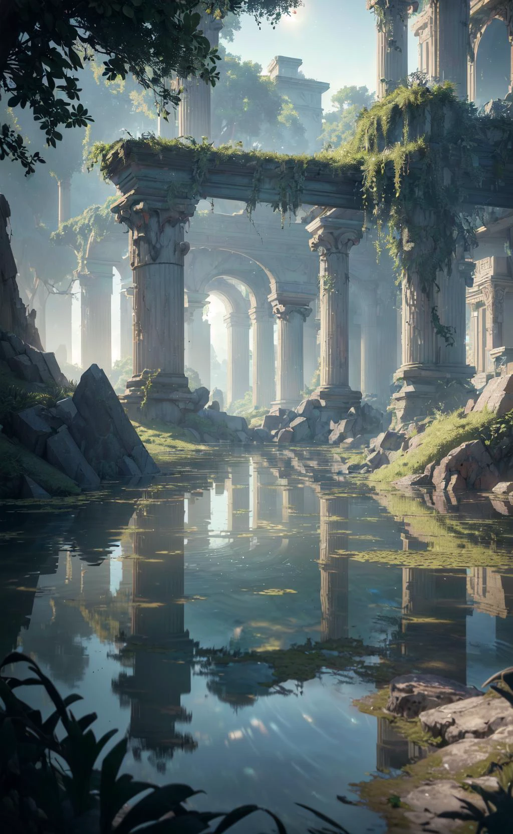 (8k, RAW photo, best quality, masterpiece:1.2), (realistic, photo-realistic:1.37), octane render, ultra high res, ultra-detailed, professional lighting, photon mapping, radiosity, physically-based rendering, ue5, ((island sanctuary)), ((ancient fallen kingdom)), ((reflections in water)), ((raytracing)), ((drowned city))