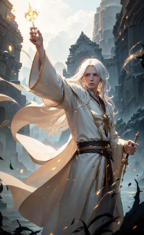 photorealistic photo of a handsome young male wizard, white wizard shirt with golden trim, white robe moving in the wind, long white hair, fully clothed, perfect face, handsome, (perfect composition:1.4), deviantart hd, artstation hd, concept art, detailed face and body, award-winning photography, margins, detailed face, detailed hands, ,backlight, 12k ultrarealistic, ray tracing, intense gaze, looking at the viewer, cinematic lighting, art by Grzegorz Rutkowski, embers, high fantasy background, action pose, hands up to 90 degrees, holding a small magic wand, water splash, misty