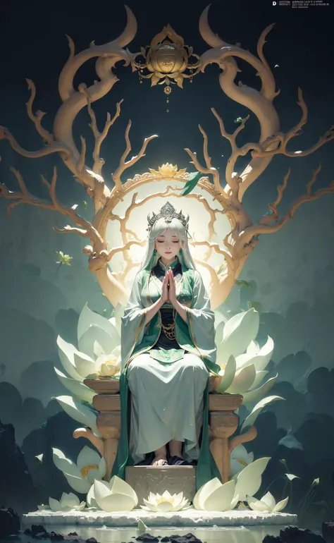 (dreamy, serene, white and green:1.2, ), (, full body, sitting, Guanyin with jade bottle:1.1, ), (, praying hands, ), (, blessing, ), (, smiling, ), (, compassionate, ), (, lotus throne, floating, below Guanyin:1.2, ), (, lotus flowers, branches, ), (, dry ice, fog, below:1.1, ), (, from front, ), (, medium shot, ), As she sits on a floating lotus throne, Guanyin holds a jade bottle and makes a praying gesture. She smiles and blesses the world with her compassion. Behind her, lotus flowers and branches surround her, creating a natural and peaceful backdrop. Below her, dry ice forms a fog that adds to the dreamy atmosphere. The main colors are white and green, creating a pure and harmonious mood., (, magazine:1.3, ), (, cover-style:1.3, ), fashionable, woman, vibrant, outfit, posing, front, colorful, dynamic, background, elements, confident, expression, holding, statement, accessory, majestic, coiled, around, touch, scene, text, cover, bold, attention-grabbing, title, stylish, font, catchy, headline, larger, striking, modern, trendy, focus, fashion