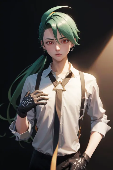 absurdres, best quality, 1girl, solo, eye focus, looking at viewer, <lora:pokemon_rika:1>, rika, ahoge, ponytail, bright pupils, white pupils, grey collared shirt, necktie, suspenders, black pants, gloves, earrings, green hair, red eyes, bright pupils, collarbone
