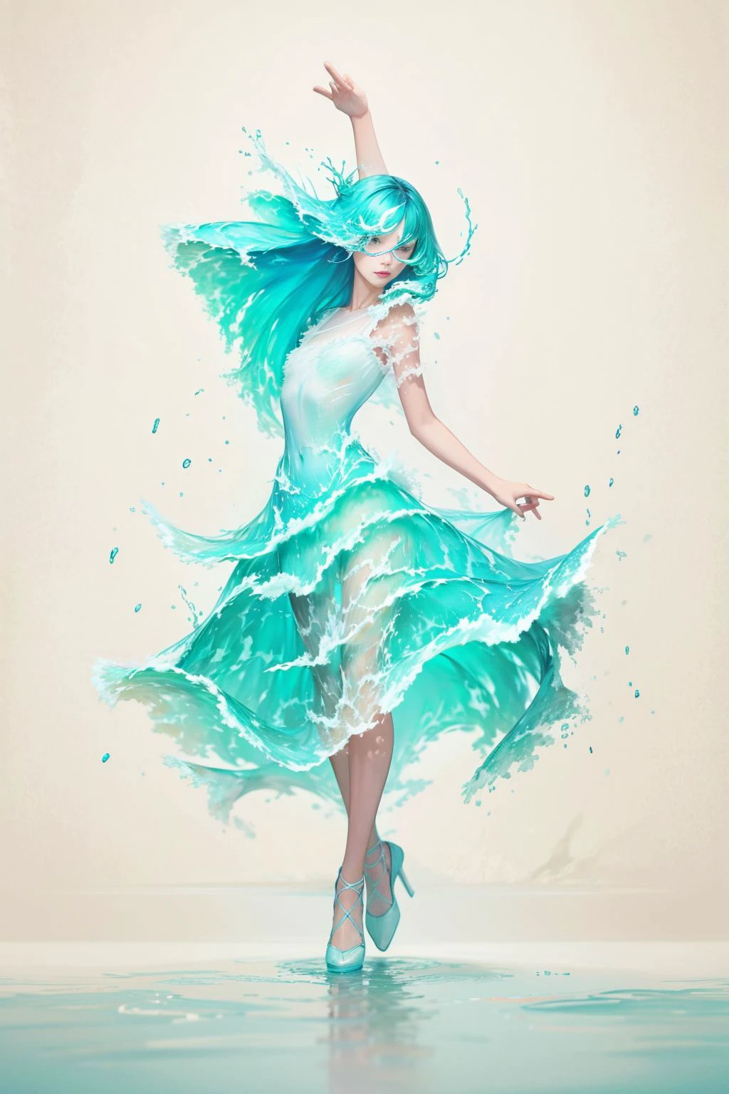 (masterpiece, best quality, high quality, highres, ultra-detailed), 1girl,solo,light_blue_hair,(liquid hair:1.2),liquid shoes, long hair,floating hair, full body, standing,sundress, liquid clothes,water dress, <lora:LiquidClothesV1fixed:1>, best quality, 8k, detailed skin texture, beautiful detailed face, intricate details, ultra detailed,dancing, skirt_tail, <lora:Fluid hair2.4:1>