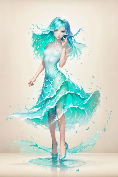 (masterpiece, best quality, high quality, highres, ultra-detailed), 1girl,solo,light_blue_hair,(liquid hair:1.2),liquid shoes, long hair,floating hair, full body, standing,sundress, liquid clothes,water dress, <lora:LiquidClothesV1fixed:1>, best quality, 8k, detailed skin texture, beautiful detailed face, intricate details, ultra detailed,dancing, skirt_tail, <lora:Fluid hair2.4:1>