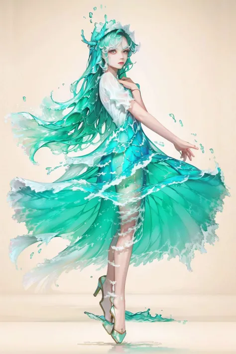 (masterpiece, best quality, high quality, highres, ultra-detailed), 1girl,solo,light_blue_hair,liquid hair, long hair,floating hair, full body, standing,sundress, liquid clothes,water dress, <lora:LiquidClothesV1fixed:1>, best quality, 8k, detailed skin texture, beautiful detailed face, intricate details, ultra detailed,dancing, <lora:Skirt_Tail:0.7>, skirt_tail, <lora:Fluid hair2.4:1>