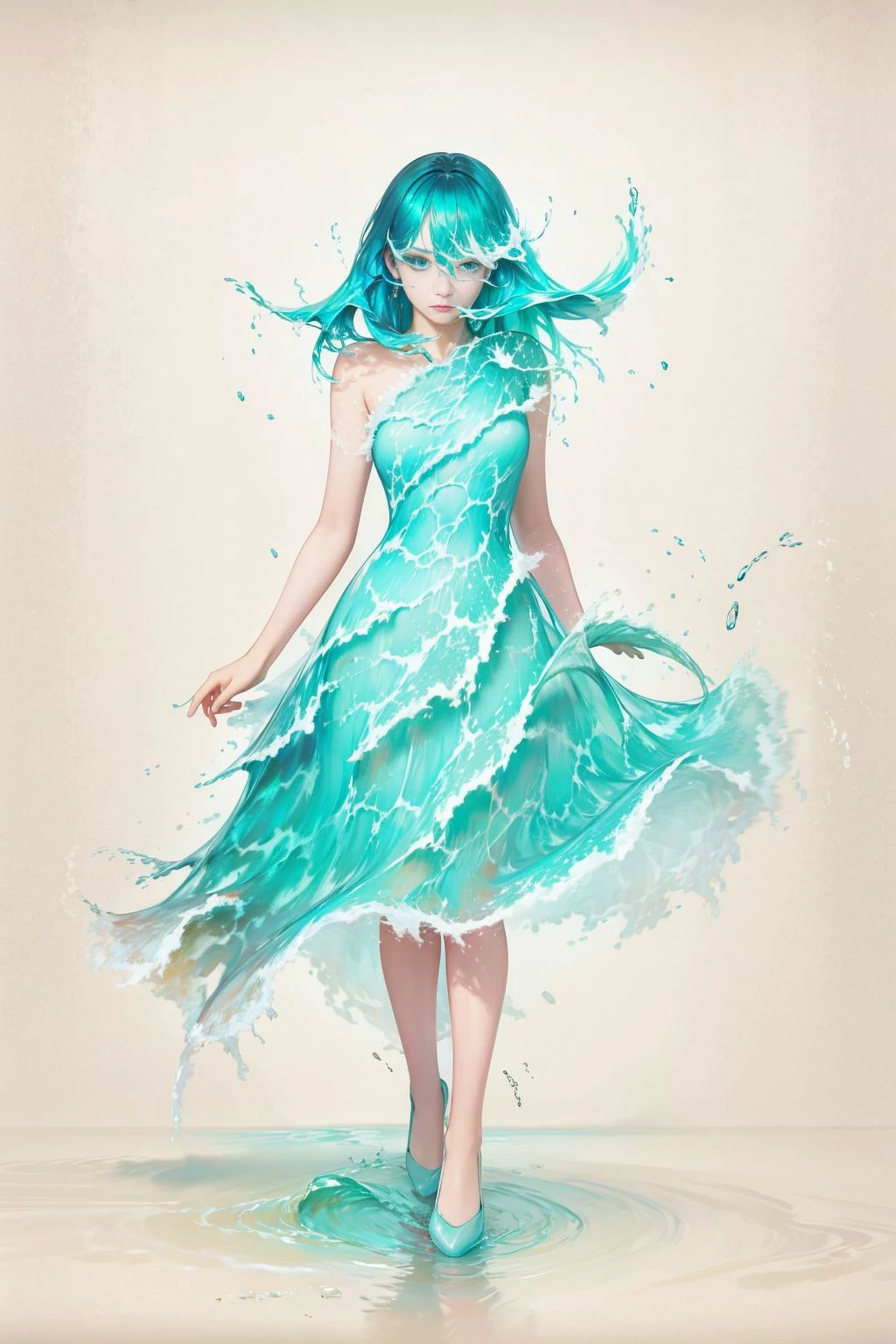 (masterpiece, best quality, high quality, highres, ultra-detailed), 1girl,solo,light_blue_hair,(liquid hair:1.2),liquid shoes, long hair,floating hair, full body, standing,sundress, liquid clothes,water dress, <lora:LiquidClothesV1fixed:1>, best quality, 8k, detailed skin texture, beautiful detailed face, intricate details, ultra detailed,dancing, skirt_tail, <lora:Fluid hair2.4:1>