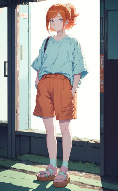 illustration of a ginger girl in a casual clothes, hands in pockets, japanese retro, highly detailed, soft pastel colors, (vaporwave:0.8), anime style, niji