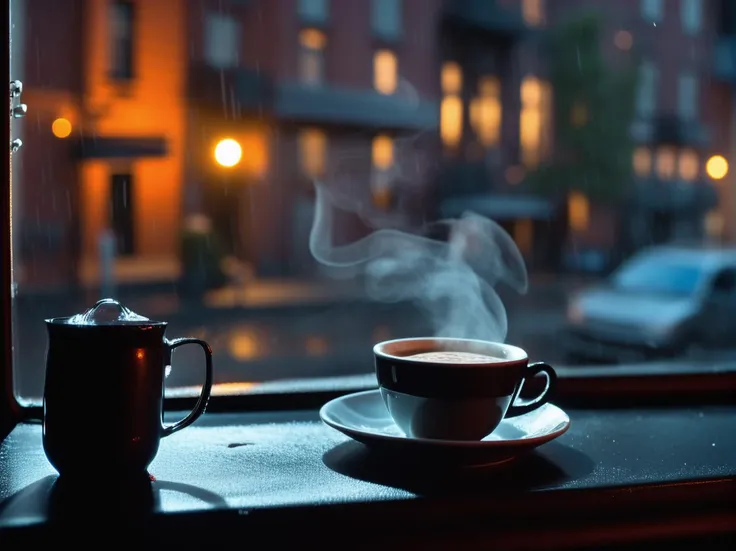 the view from the window to the night city, there is a beautiful cup of hot coffee on the windowsill, steam is coming from the coffee, focus on the street, sharp focus