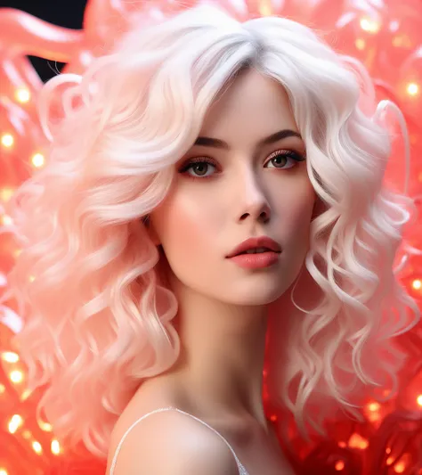 Real estate photography style, coralbug (albino woman, white hair styled voluminous waves), photo RAW, (black, dark red and neon pink : shiny aura, highly detailed, red filigree, intricate motifs, organic tracery, glowing stardust , perfect composition, smooth, sharp focus, sparkling particles, lively coral reef background Realistic, realism, hd, 35mm photograph, 8k), masterpiece, award winning photography, natural light, perfect composition, high detail, hyper realistic, THM style, amber light, Professional, inviting, well-lit, high-resolution, property-focused, commercial, highly detailed