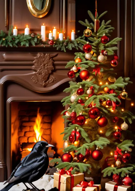 <lora:eurasian blackbird SDXL-000002:1>
eurasian blackbird,turdus merula,best quality, high quality, highres, masterpiece,bird, christmas tree, solo, christmas, christmas ornaments, christmas present, christma,indoors, fireplace, bonfire,