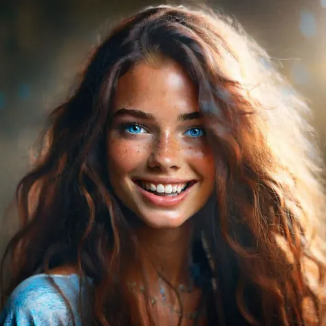 beautiful lady, (freckles), big smile, blue eyes, long hair, dark makeup, hyperdetailed photography, soft light, head and shoulders portrait, cover