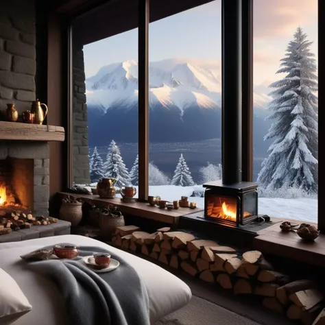 cozy fireplace, window, snow mountains in the background