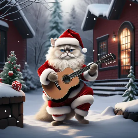 An anthropomorphic fluffy Siamese cat dressed as Santa Claus Playing guitar, snowy,thm style, outside, THM style