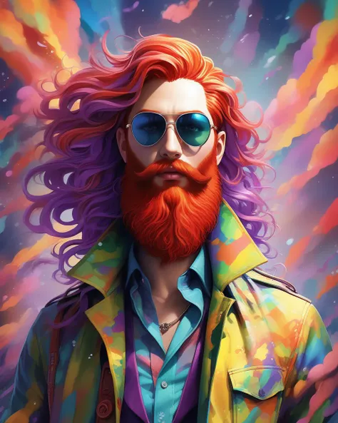 close up shot Psychodelic art of, DNA art style , extremely dynamic scene, action pose, Half-human, Half-fluid, long, bright green hair that hangs down his shoulders and back. His eyes shimmer bright blue, and his face is adorned with a long, thin, bright red beard. His skin has an unusual hue that varies from purple to yellow. Dressed in a long, narrow coat, colored in a mixture of red, yellow and blue. Under his coat, he wears a sleeveless shirt decorated with abstract patterns. On his hands are bright, multi-colored bracelets, and on his feet are boots painted in rainbow colors.,thm style, flying on a high hill late in the evening, bright sunset, swirl magic, flying hair,Gric