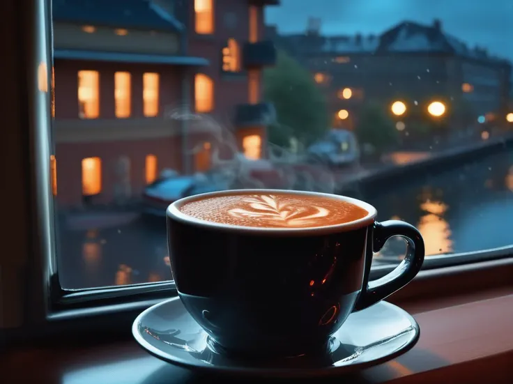 the view from the window to the night city, there is a beautiful cup of hot coffee on the windowsill, steam is coming from the coffee