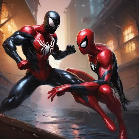scene depicting black spider-man competing against red spider-man in the style of Marvel comics