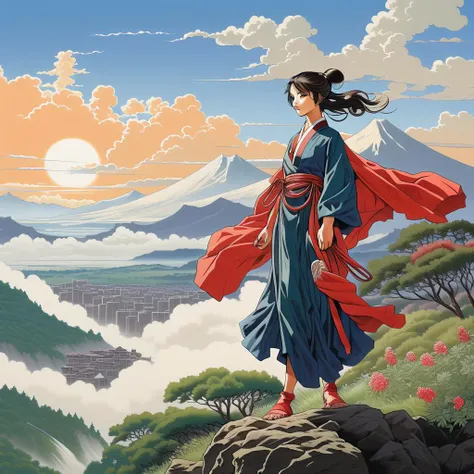 graffiti comic, full body, perfectly drawn a young Japanese samurai with long dark hair shimmering in the light stands gracefully on a hilltop admiring the rising sun, dressed in a red kimono fluttering in the wind, a picturesque landscape in the background, setting of feudal Japan, in the style of Moebius, Felice Casorati, Tsuguharu Foujita, by studio ghibli, side view, dynamic scene, THM style