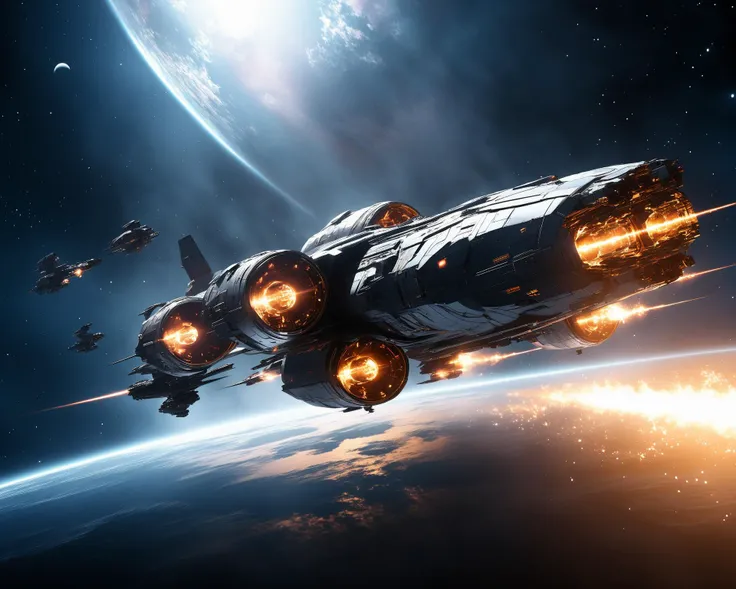 cinematic film still of Art for Space Exploration Action Films long exposure shot sci-fi epic photo of ffserenity spaceship In dark space, the effect of speed flying in hyperspace, in the background a futuristic ring of alien origin with a bright amber glow emanating from it, the glow waves spread over a long distance, starry celestial style, <lora:Serenity_SDXL:0.7>, <lora:HDRv1:0.5>, <lora:JuggerCineXL2:0.6>, Action Films, often for intense sequences, heroic characters, or adrenaline-fueled excitement., Creating art related to space exploration, often for visualization, inspiration, or scientific collaboration, THM style, shallow depth of field, vignette, highly detailed, high budget, bokeh, cinemascope, moody, epic, gorgeous, film grain, grainy