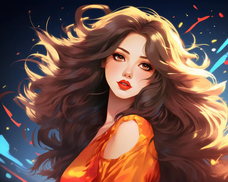 (80s style:0.65) (hand drawn, anime,:1.2) (girl:0.8), long wavy hair, flying hair, dark red lips, analogue VHS distortion, intricately detailed linework, paint splashes, diamond crystals, amber soft light, electric waves, THM style