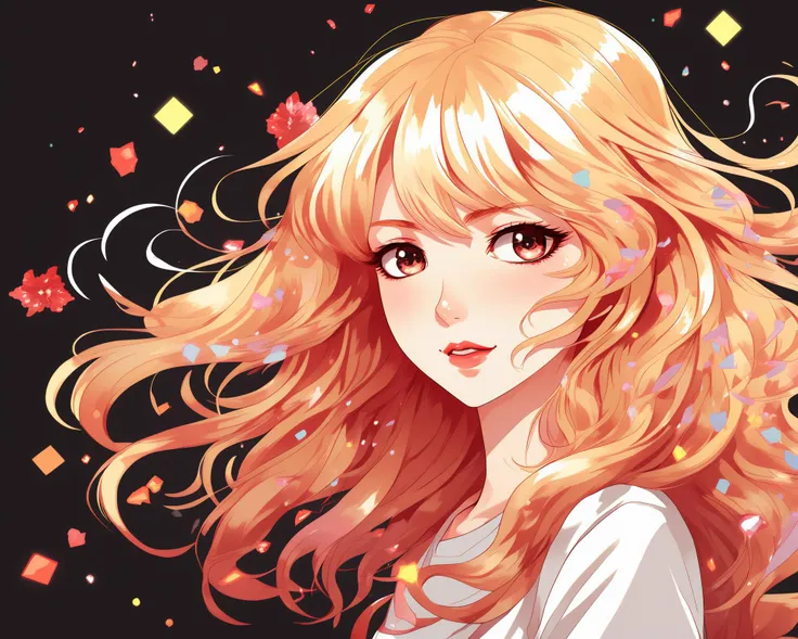 Adorable Kawaii, (80s style:0.65) (hand drawn, anime,:1.2) (girl:0.8), sasha luss, long wavy hair, flying hair, dark red lips, analogue VHS distortion, intricately detailed linework, paint splashes, diamond crystals, amber soft light, electric waves, THM style, pretty, cute, adorable, kawaii